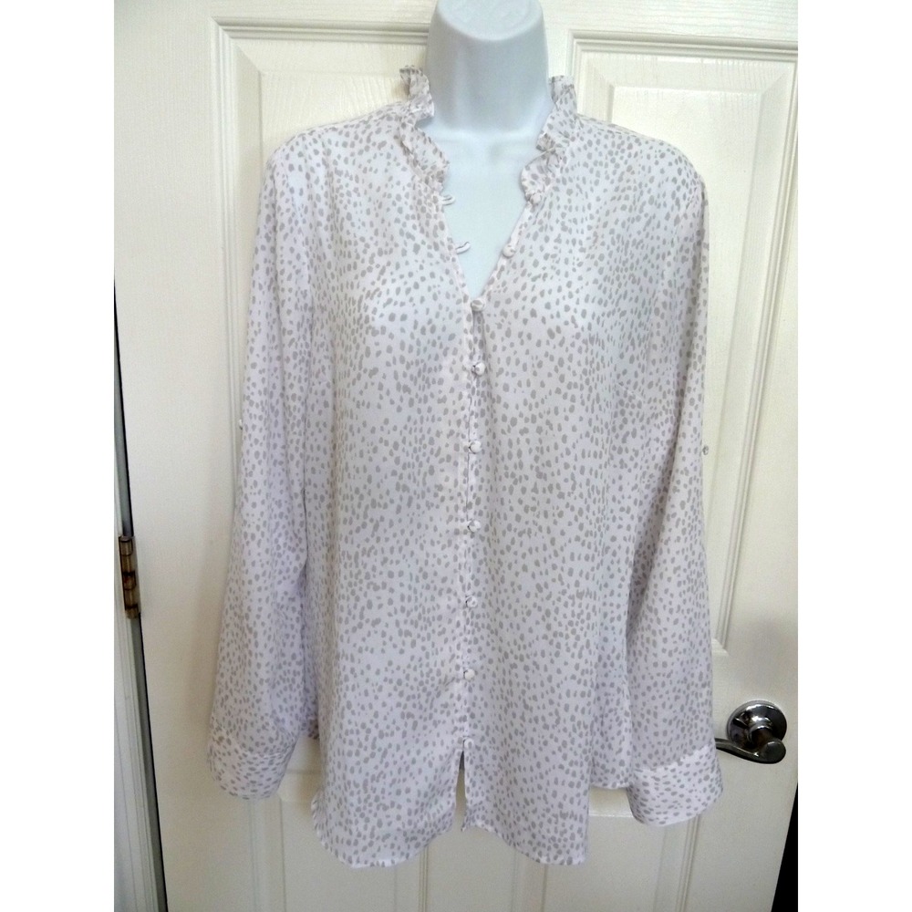 EXPRESS Womens Large White Gray Dotted Ruffled Neck Roll-Tab Sleeve Blouse